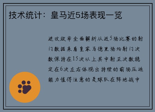 技术统计：皇马近5场表现一览